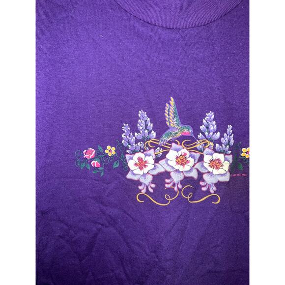 Vintage Sherry's Best Hummingbird Floral Shirt Flower Graphic Purple Tee VTG L - Picture 2 of 8
